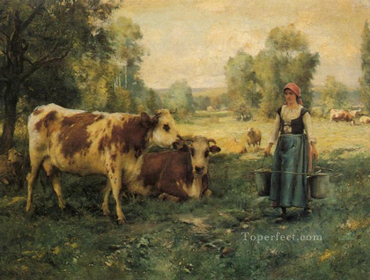 牛乳を注ぐメイドと牛と羊の農場の生活 リアリズム ジュリアン・デュプレ油絵